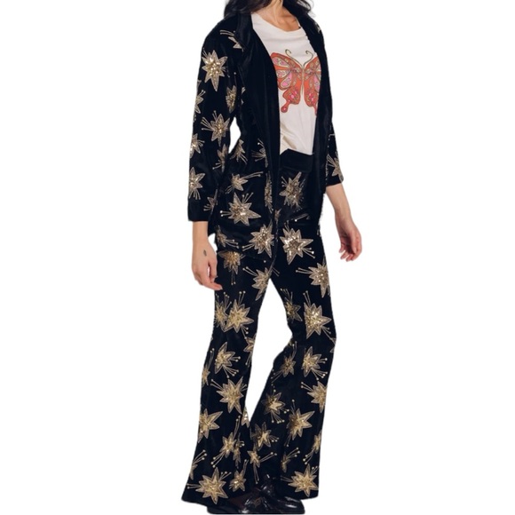 New LENNI x Free People XS Black Sequin Star Embroidered 2-Pc Jacket & Pant Set - Picture 11 of 15
